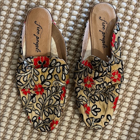 Free People Shoes - Brand new - Free People Floral Embroidered Mules - Tan and Red
